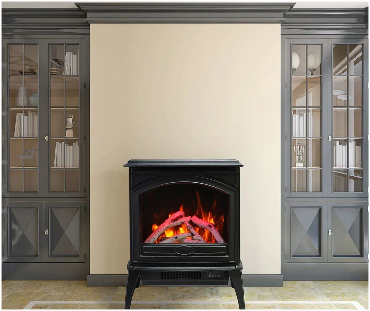 Amantii E70-NA Lynwood Series - 70 cm Freestand Electric Stove Featuring a Cast Iron Frame and a 10 Piece Birch Log Set