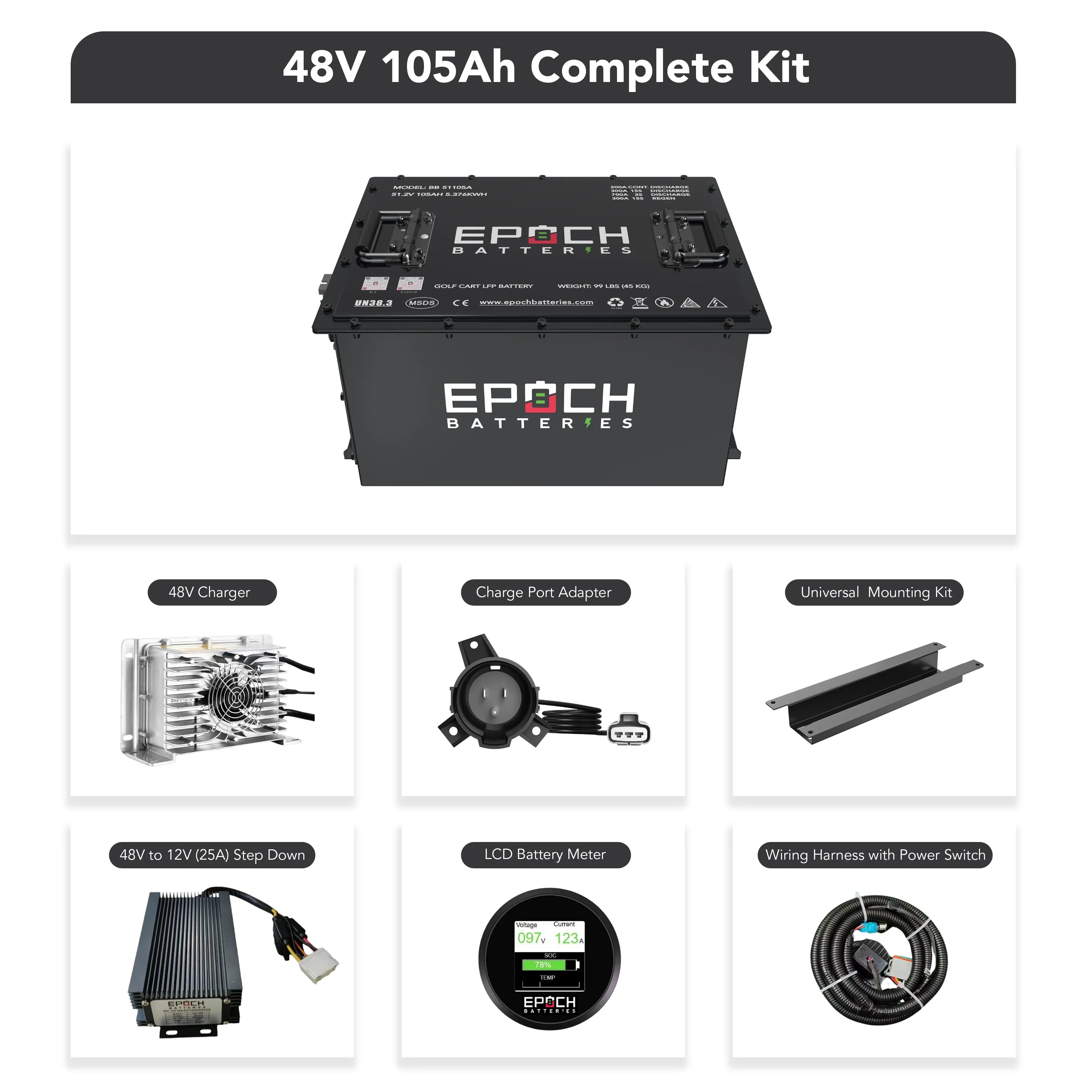 Epoch Batteries 48V 105Ah - LiMax Series - Lithium (LiFePO4) Golf Cart Battery - Complete Kit