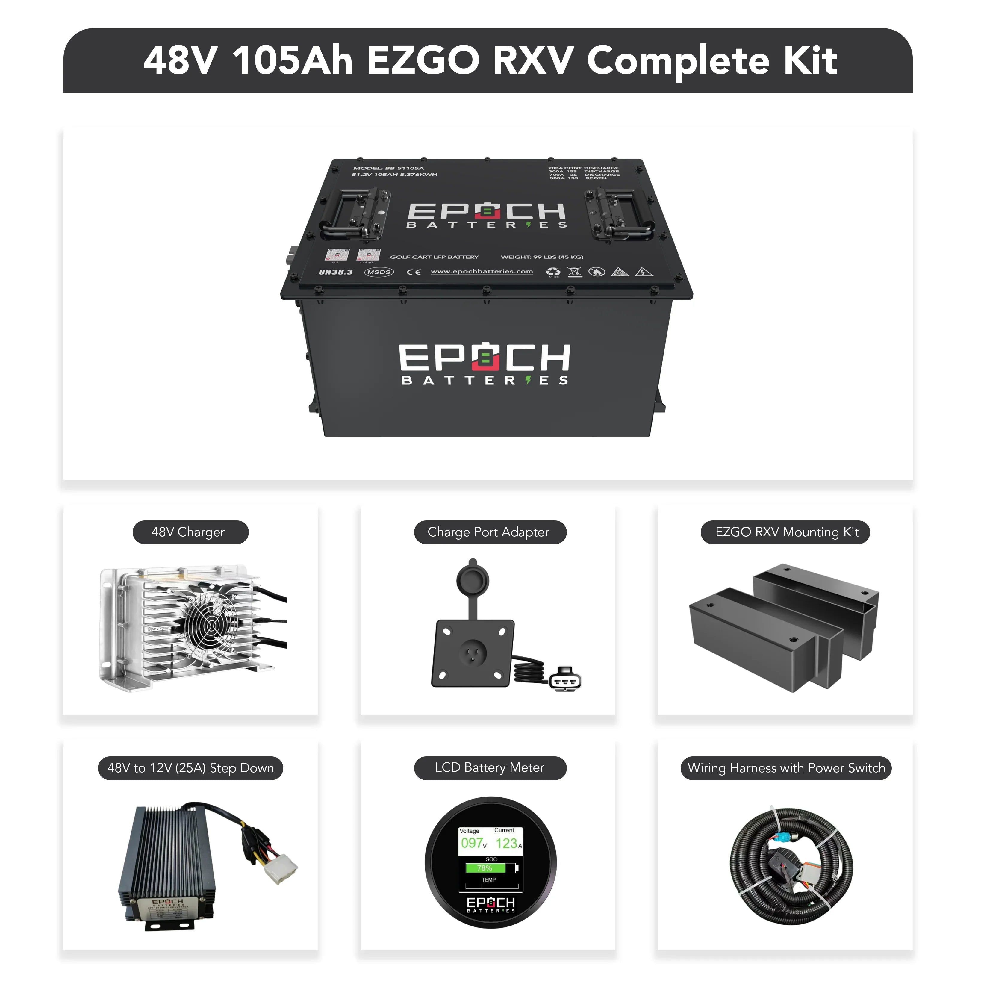 Epoch Batteries 48V 105Ah - LiMax Series - Lithium (LiFePO4) Golf Cart Battery - Complete Kit