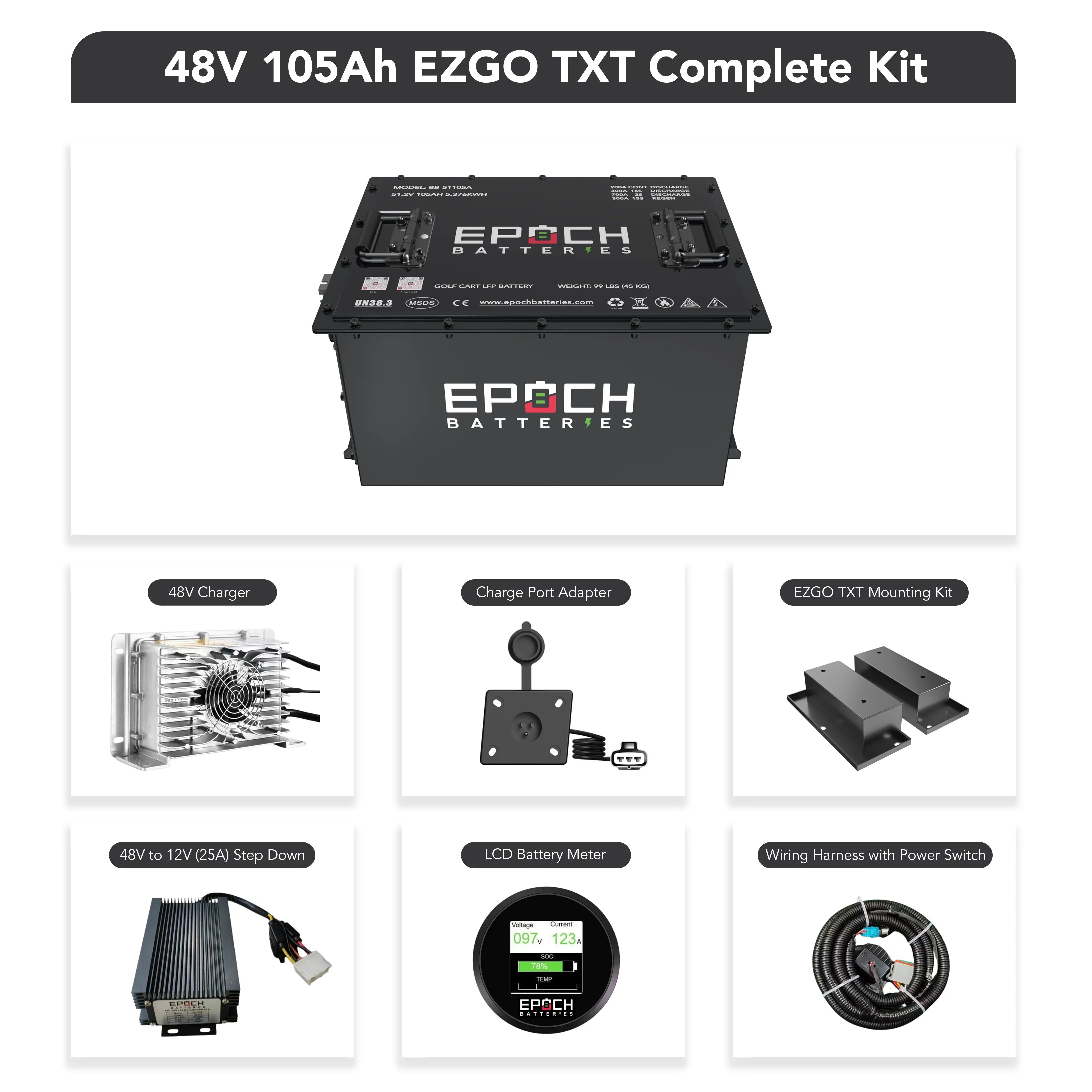 Epoch Batteries 48V 105Ah - LiMax Series - Lithium (LiFePO4) Golf Cart Battery - Complete Kit
