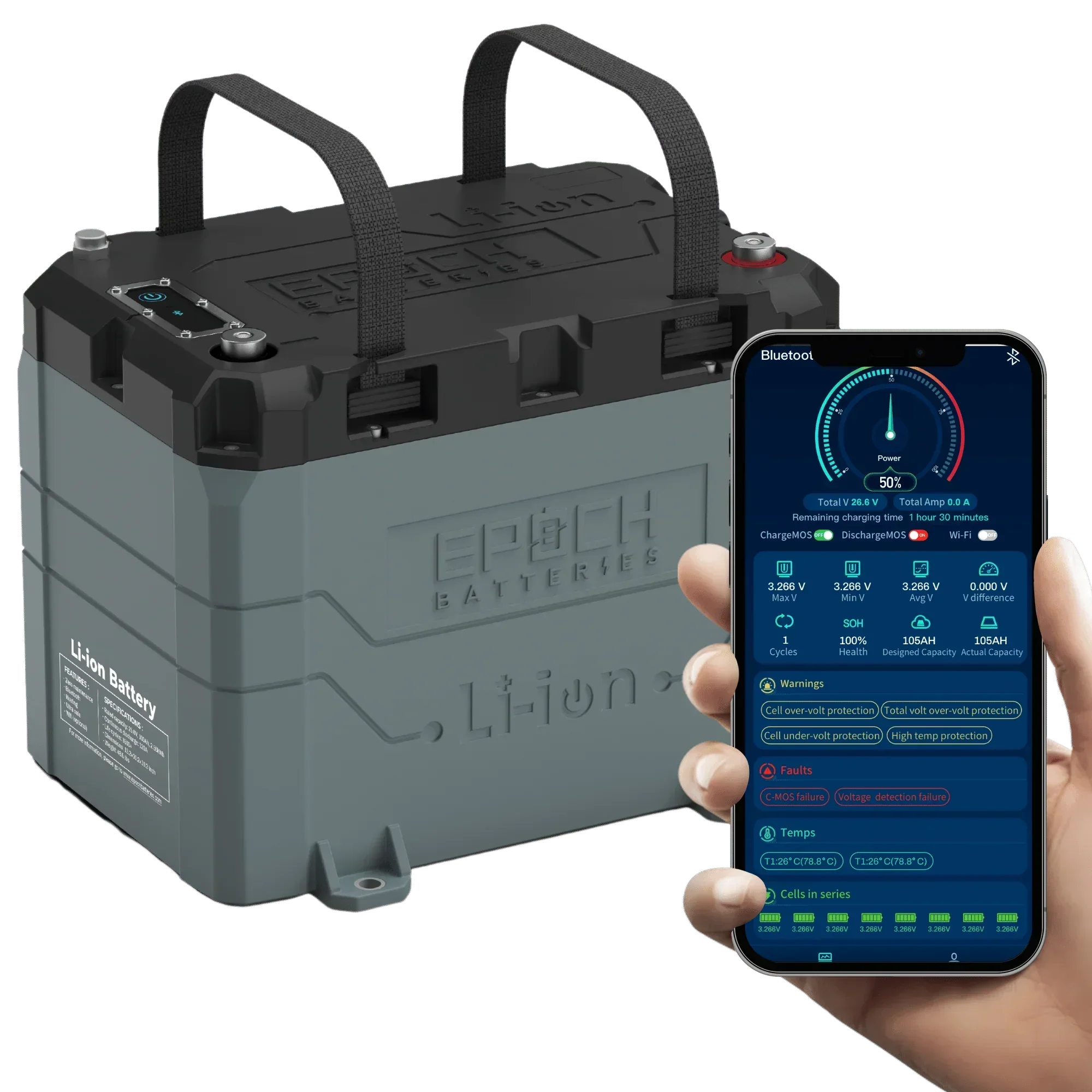 Epoch Batteries 24V 100Ah LiFePO4 Lithium Battery - Bluetooth, Heating, Waterproof