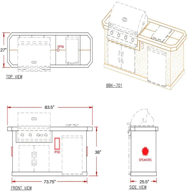 Cal Flame Pacifica Q 7 Ft. BBQ Grill Island - BBK701
