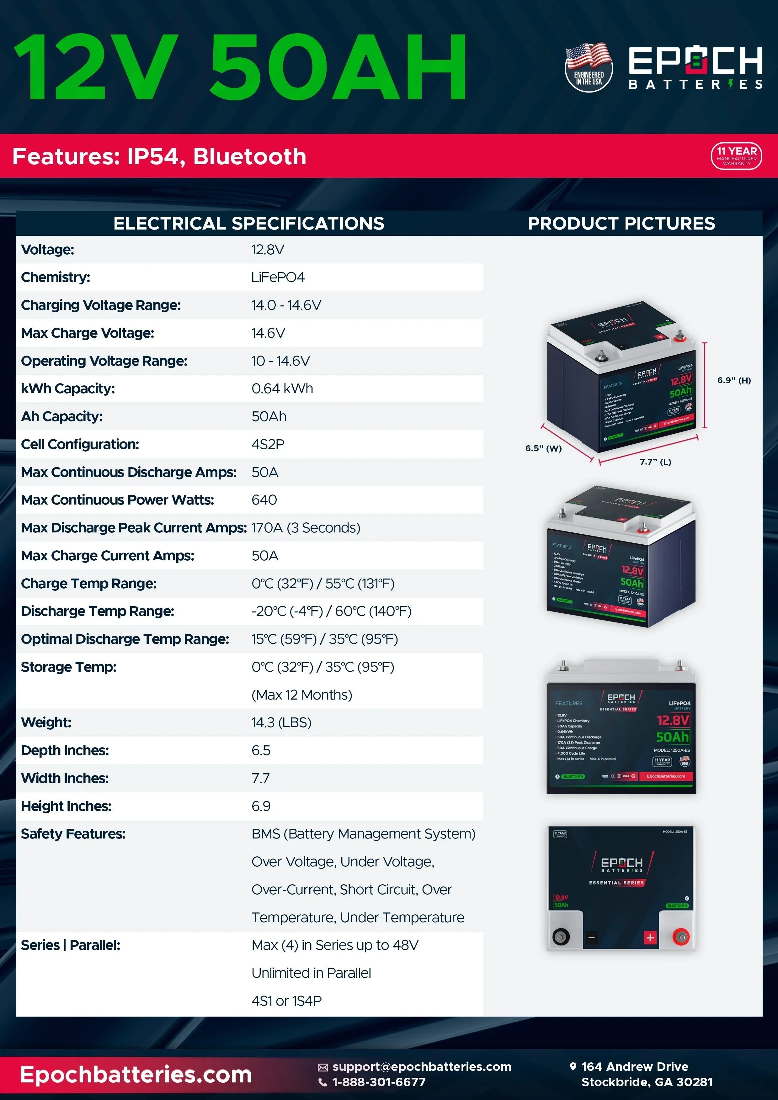 Epoch Batteries 12V 50Ah (0.64kWh) Essential Series - Bluetooth LiFePO4 Battery