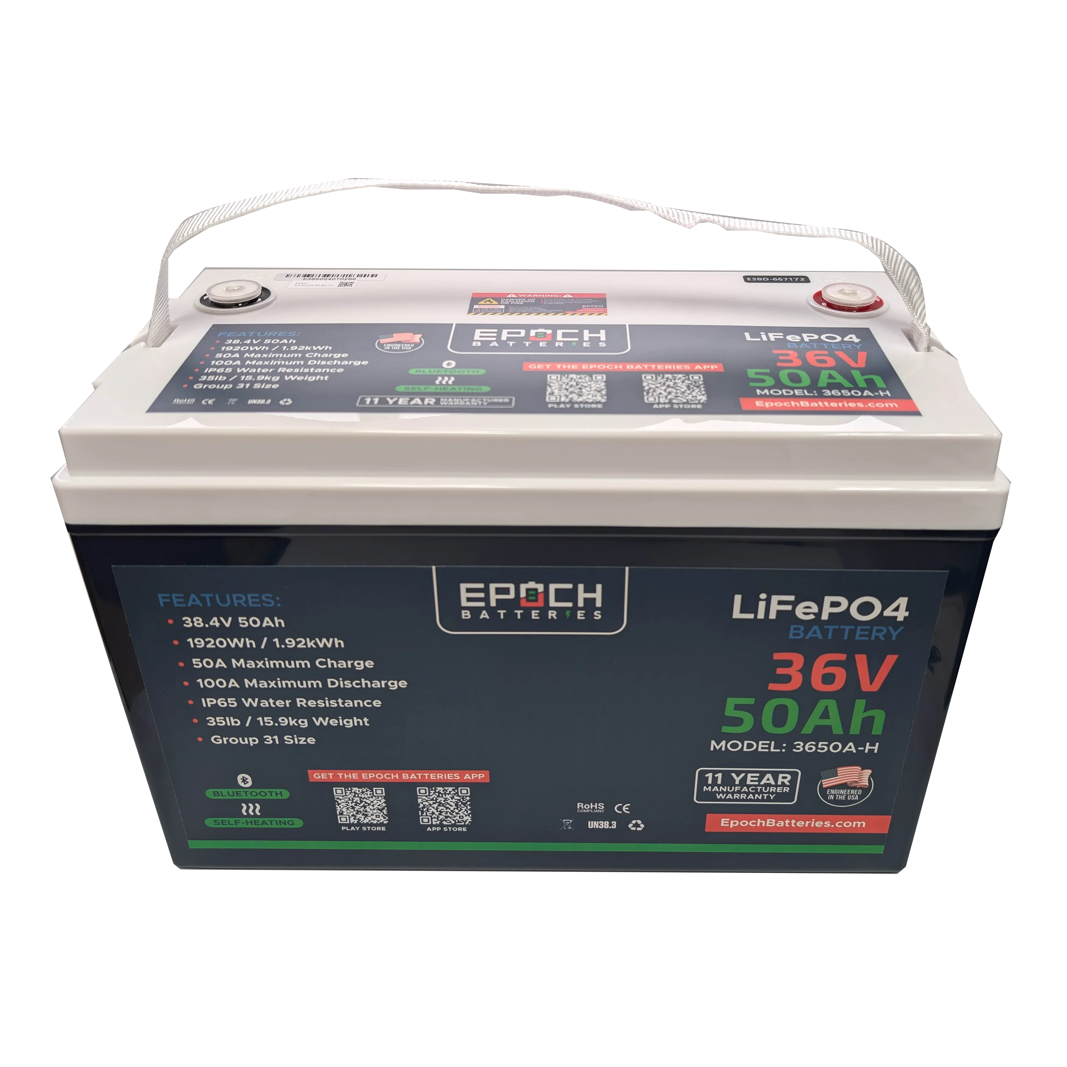 Epoch Batteries 36V 50Ah Essential Series - Bluetooth & Heated LiFePO4 Battery