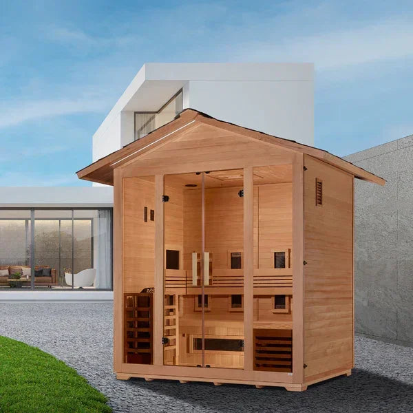 Golden Designs Gargellen Hybrid (PureTech™ Full Spectrum IR or Traditional Stove) Outdoor Sauna – Canadian Hemlock | GDI-8125-01 Gargellen | 5 Persons