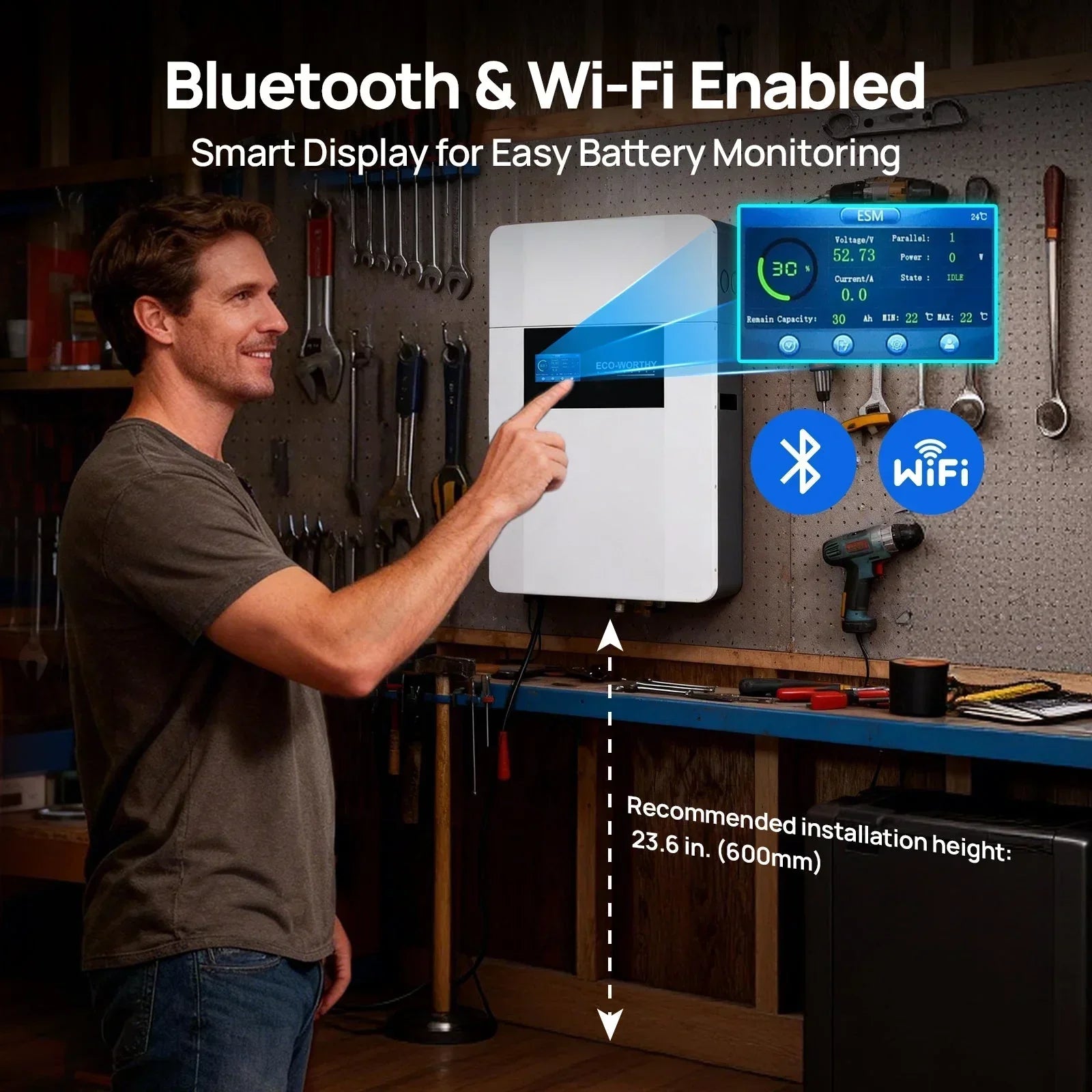 Eco-Worthy 48V 100AH Wall-Mount Lithium Battery LiFePO4 | -4℉ Charge Available | Bluetooth & WiFi | 10 Years Warranty